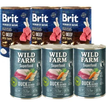 Pro psa Brit Premium by Nature Hovězí maso s dršťkami 3x400g + Wild Farm Superfood Kachna 3x400g