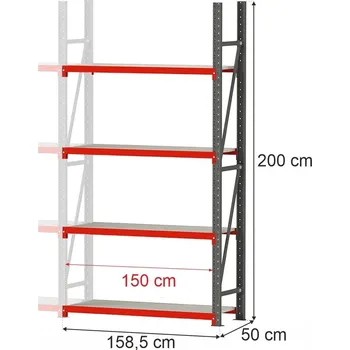 Dílenský regál Regalydoskladu Kovový skladový regál se 4 policemi FORTIS 200x158,5x50 cm, přídavný modul