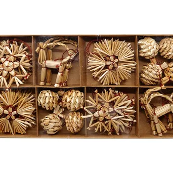 Vánoční dekorace SEIZIS Ozdoby slaměné s kozou 32ks, mix červené