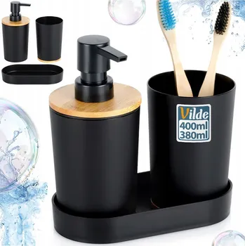 Dávkovač mýdla Sada koupelnových doplňků Vilde, 3 kusy, černá