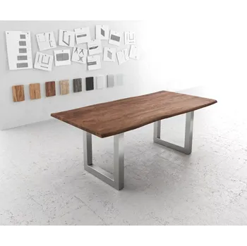 Jídelní stůl DELIFE Jídelní stůl Edge 200x100 akácie hnědá nerezová ocel široký Live-Edge