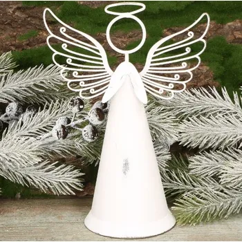Vánoce Bílý kovový anděl s křídly vánoční dekorace figurka - 19,5 cm