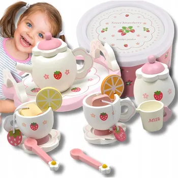 Dětská kuchyňka DŘEVĚNÝ KÁVOVÝ SERVIS SADA NA NA ČAJ KÁVU PRO DĚTI, ŠÁLKY, PODNOSY