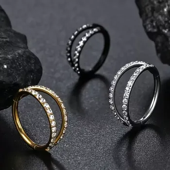 Piercing Dvojitý piercingový kroužek s čirými krystaly z chirurgické oceli 316L LXACCKR02 (Dvojitý ocelový kroužek s krystaly – 316L LXACCKR02)