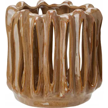 Svícen Elegantní keramický svícen béžový hnědý zdobený reliéfní 16 x 17 cm