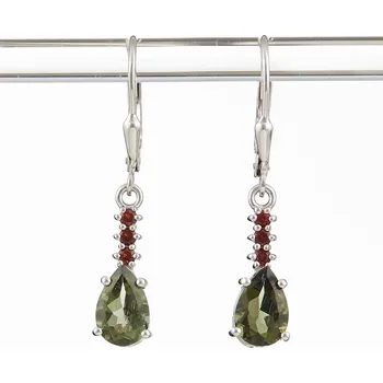 Náušnice My Moldavite Stříbrné náušnice vltavíny a granáty 411G-4