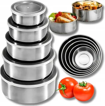 SADA KOVOVÝCH KUCHYŇSKÝCH MISKY 5 ks. NÁDOBY S VÍČKY, RŮZNÉ PRŮMĚRY