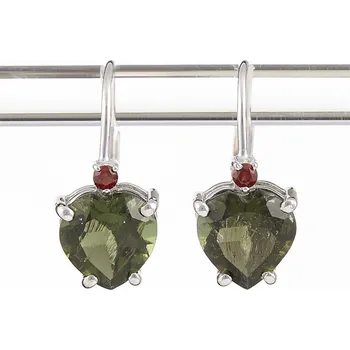 Náušnice My Moldavite Stříbrné náušnice s vltavíny a granáty - srdce 110G-4