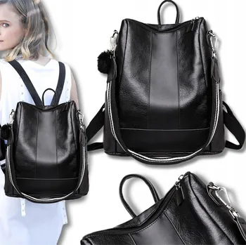 Kožený Elegantní Batoh retro černý Prostorný 2v1 do školy, do práce, do města