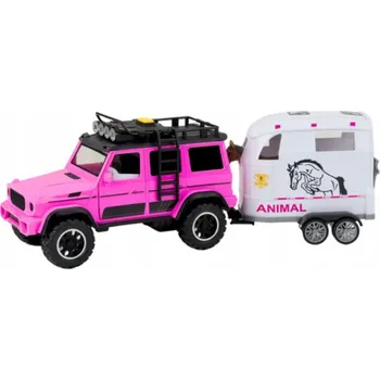 autíčko SADA TERÉNNÍHO AUTA SUV RŮŽOVÉ S PŘÍVĚSEM A FIGURKOU KONĚ WOOPIE