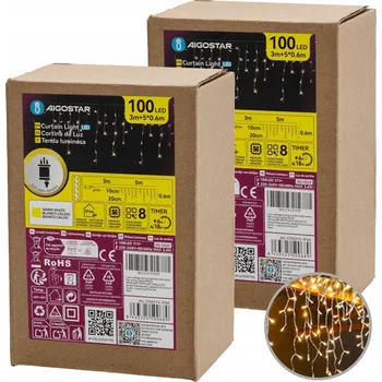 Venkovní osvětlení 2 ks ZÁVĚS VENKOVNÍ OSVĚTLENÍ 100 LED IP44 TEPLÁ BÍLÁ 8 EFEKTŮ Aigostar