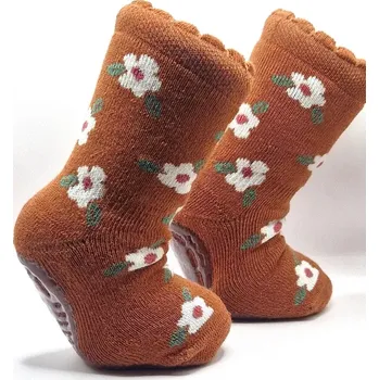 Protiskluzové dětské ponožky - HNĚDÁ S KYTIČKAMI (Protiskluzové dětské ponožky )