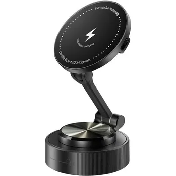 360° 15W magnetický bezdrátový přísavný držák telefonu s nastavitelným ramenem, černý, C48