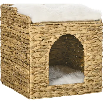 Pelíšek pro kočku PAWHUT Pelíšek pro kočky RATTAN BOX 2 patra 38 x 38 x 41 cm přírodní