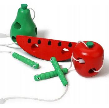 Dřevěná hračka DŘEVĚNÁ PROPLÉTANKA ŠNĚROVAČKA ZELENINA ČERVI UČENÍ VÁZÁNÍ MOTORIKA