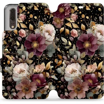 Pouzdro na mobilní telefon Flipové pouzdro Mobiwear - Huawei P20 - V169S Zlatavé kvítky (Knížkové flip pouzdro, obal, kryt na mobil Huawei P20 - V169S Zlatavé kvítky, materiál Umělá kůže + TPU - ochrana 360°, stojánek, silikonová vanička, magnetické zavírání)