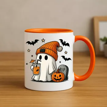 Halloween hrnek – Roztomilý duch s dýní (Halloween hrnek – Duch v oranžové čepici)