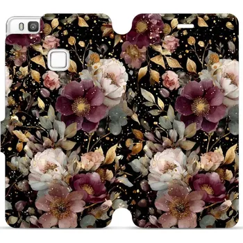 Pouzdro na mobilní telefon Flipové pouzdro Mobiwear - Huawei P9 Lite - V169S Zlatavé kvítky (Knížkové flip pouzdro, obal, kryt na mobil Huawei P9 Lite - V169S Zlatavé kvítky, materiál Umělá kůže + TPU - ochrana 360°, stojánek, silikonová vanička, magnetické zavírání)