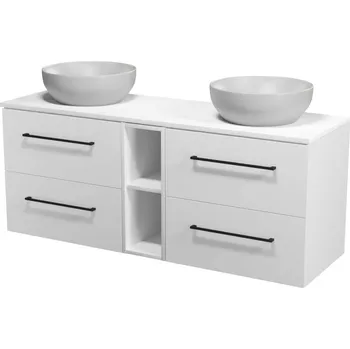 Koupelnový nábytek CERSANIT 3D Skříňka Cersanit Larga 60 pod desku bílá 2x, skříňka 20 pod desku otevřená bílá, deska 140 horní bílý mramor, umyvadlo Larga 40 na desku šedé 2x, úchytky černé S932-070;S932-088;S932-070;S932-054;K677-044;K677-044;S599-0141;S599-0141