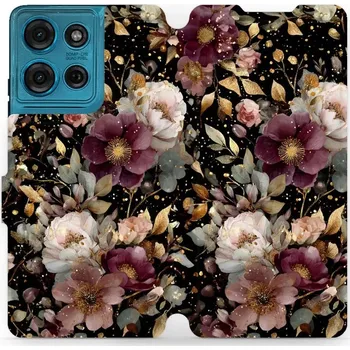 Pouzdro na mobilní telefon Flipové pouzdro Mobiwear - Motorola Moto G75 5G - V169S Zlatavé kvítky (Knížkové flip pouzdro, obal, kryt na mobil Motorola Moto G75 5G - V169S Zlatavé kvítky, materiál Umělá kůže + TPU - ochrana 360°, stojánek, silikonová vanička, magnetické zavírání)