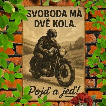 Plechová cedule 2D nástěnná vintage cedule, motiv SVOBODA MÁ DVĚ KOLA. POJĎ A JEĎ!