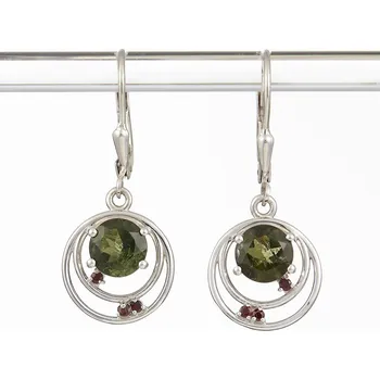 Náušnice My Moldavite Stříbrné náušnice vltavíny a granáty 305G-4