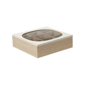 Úložný box ČAJOVÁ KRABIČKA MDF SE SKLENĚNÝM VÍKEM 24 X 24 X 7 CM 9 PŘIHRÁDEK HNĚDÁ