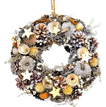 Vánoční dekorace SEIZIS Věnec šiškový zlato-bílý s růžičkami, 30cm