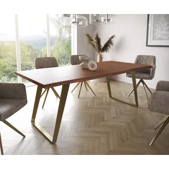 Jídelní stůl DELIFE Jídelní stůl Edge 200x100 akácie hnědá nerezová ocel zlatá šikmý Live-Edge