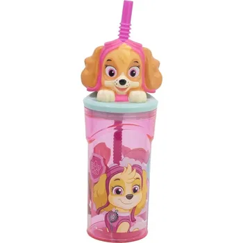 Jednorázové nádobí STOR Láhev s brčkem Tlapková patrola 360 ml Růžová