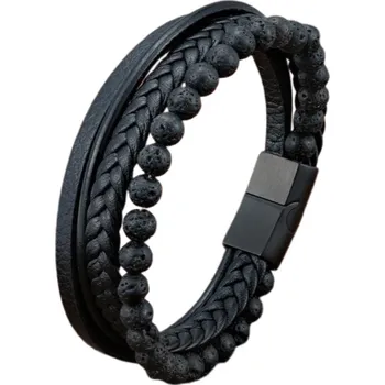 Náramek Joy-sperky Pánský náramek kožený vícevrstvý s korálky láva Délka: 18,5 cm