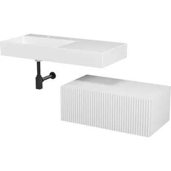 Koupelnový nábytek CERSANIT 3D Nábytkový set Cersanit Kontra 140, skříňka 80 pod desku bílá, deska 80 nábytková bílá, umyvadlo Kontra 100 závěsné s odkládací plochou vpravo, sifon Inverto černý hranatý, výpust umyvadlová bílá S1004-003;S1004-009;K682-046;K11-2406;S951-718