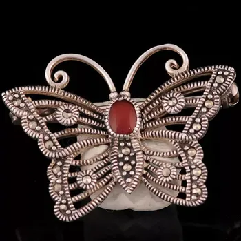 Brož Stříbrná brož motýl osazená jemenským achátem a markazitem Ag 4,3 g