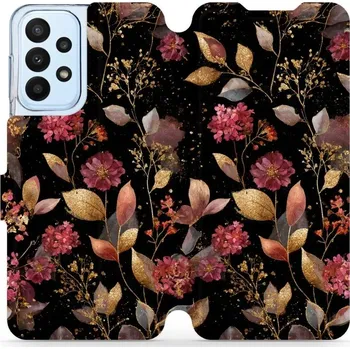 Pouzdro na mobilní telefon Flipové pouzdro Mobiwear - Samsung Galaxy A23 / A23 5G - V171S Zlatavé lístky a květy (Knížkové flip pouzdro, obal, kryt na mobil Samsung Galaxy A23 / A23 5G - V171S Zlatavé lístky a květy, materiál Umělá kůže + TPU - ochrana 360°, stojánek, silikonová)