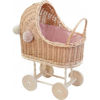 Kočárek pro panenku Vysoký přírodní proutěný kočárek pro panenky + bambule a růžové obšití