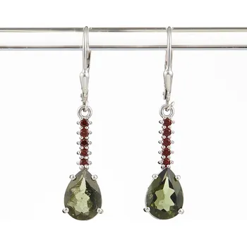 Náušnice My Moldavite Stříbrné náušnice s vltavíny a granáty 412G-4