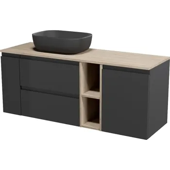Koupelnový nábytek CERSANIT 3D Nábytkový set Cersanit Moduo 140, skříňka 60 pod desku antracitová, skříňka 20 pod desku cargo antracitová, skříňka 20 pod desku otevřená dub, skříňka 40 pod desku s košem na prádlo antracitová, deska 140 horní dub, umyvadlo Moduo 50 na desku 