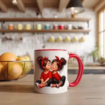 Hrnek pro sestry – sestry v červeném (Dárkový hrnek – Láska mezi sestrami)