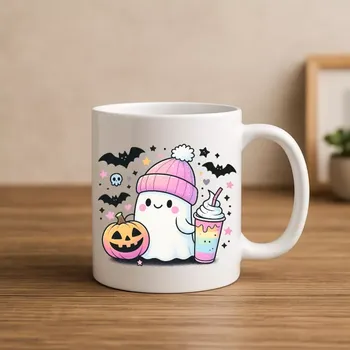 Halloween hrnek – Pastelový duch s dýní (Halloween hrnek – Roztomilý duch s drinkem a pastelovými barvami)