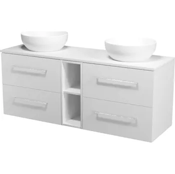 Koupelnový nábytek CERSANIT 3D Skříňka Cersanit Larga 60 pod desku bílá 2x, skříňka 20 pod desku otevřená bílá, deska 140 horní bílá, umyvadlo Larga 40 na desku bílé 2x, úchytky chrom S932-070;S932-088;S932-070;S932-027;K677-001;K677-001;S599-0142;S599-0142