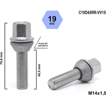 Šroubek na kolo Kolový šroub M14x1,5x45,5 kužel pohyblivý, klíč 19, C19D45RR-VV15, výška 76,6 mm