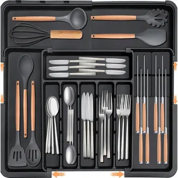 Příborník do zásuvky Organizér Do Šuplíku na příbory, černý, nastavitelný, rozkládací s nožníkem