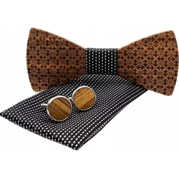 Motýlek DŘEVĚNÝ MOTÝLEK KAPESNÍČEK S MANŽETOVÝMI KNOFLÍČKY SADA MÓDNÍCH DÁREK PRO NĚJ