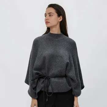 Dámský svetr Reserved - Pončový svetr s páskem - tmavě šedá - 416ID-90M - 416ID-90M-S