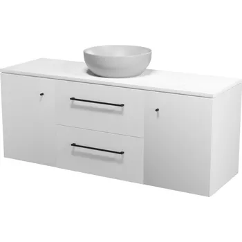 Koupelnový nábytek CERSANIT 3D Skříňka Cersanit Larga 60 pod desku bílá, skříňka 40 pod desku s dvířky bílá 2x, deska 140 horní bílý mramor, umyvadlo Larga 40 na desku kulaté šedé, úchytky černé S932-087;S932-070;S932-087;S932-054;K677-044;S599-0141;S599-0145;S599-0145