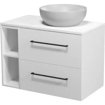 Koupelnový nábytek CERSANIT 3D Nábytkový set Cersanit Larga 80, skříňka 60 pod desku bílá, skříňka 20 pod desku otevřená bílá, deska 80 horní bílý mramor, umyvadlo Larga 40 na desku kulaté šedé, úchytky černé S932-070;S932-088;S932-051;K677-044;S599-0141