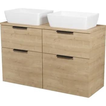 Koupelnový nábytek CERSANIT 3D Skříňka Cersanit City 60 pod desku dub 2x, deska 120 horní dub, umyvadlo City 50 na desku obdélníkové bílé 2x, úchytky černé S584-119;S584-119;S599-0154;K35-048;K35-048;S584-033;S584-033;S584-033;S584-033