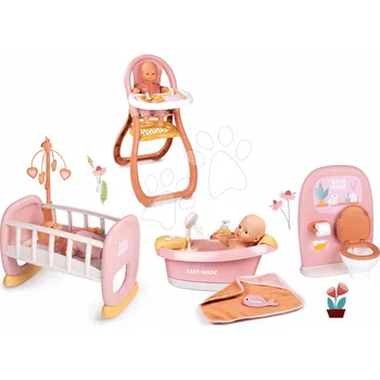 Doplněk pro panenku Set vanička s funkční sprchou a židlí Balneo Bath Soft Baby Nurse Smoby a kolébka s koupelnou a záchodem