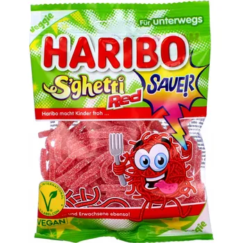 Bonbon Haribo Želé Bonbony Ovocné Kyselé Špagety Sauer makronky červené 85 g