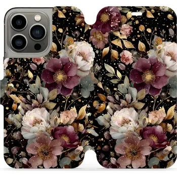 Pouzdro na mobilní telefon Flipové pouzdro Mobiwear - Apple iPhone 13 Pro - V169S Zlatavé kvítky (Knížkové flip pouzdro, obal, kryt na mobil Apple iPhone 13 Pro - V169S Zlatavé kvítky, materiál Umělá kůže + TPU - ochrana 360°, stojánek, silikonová vanička, magnetické zavírání)